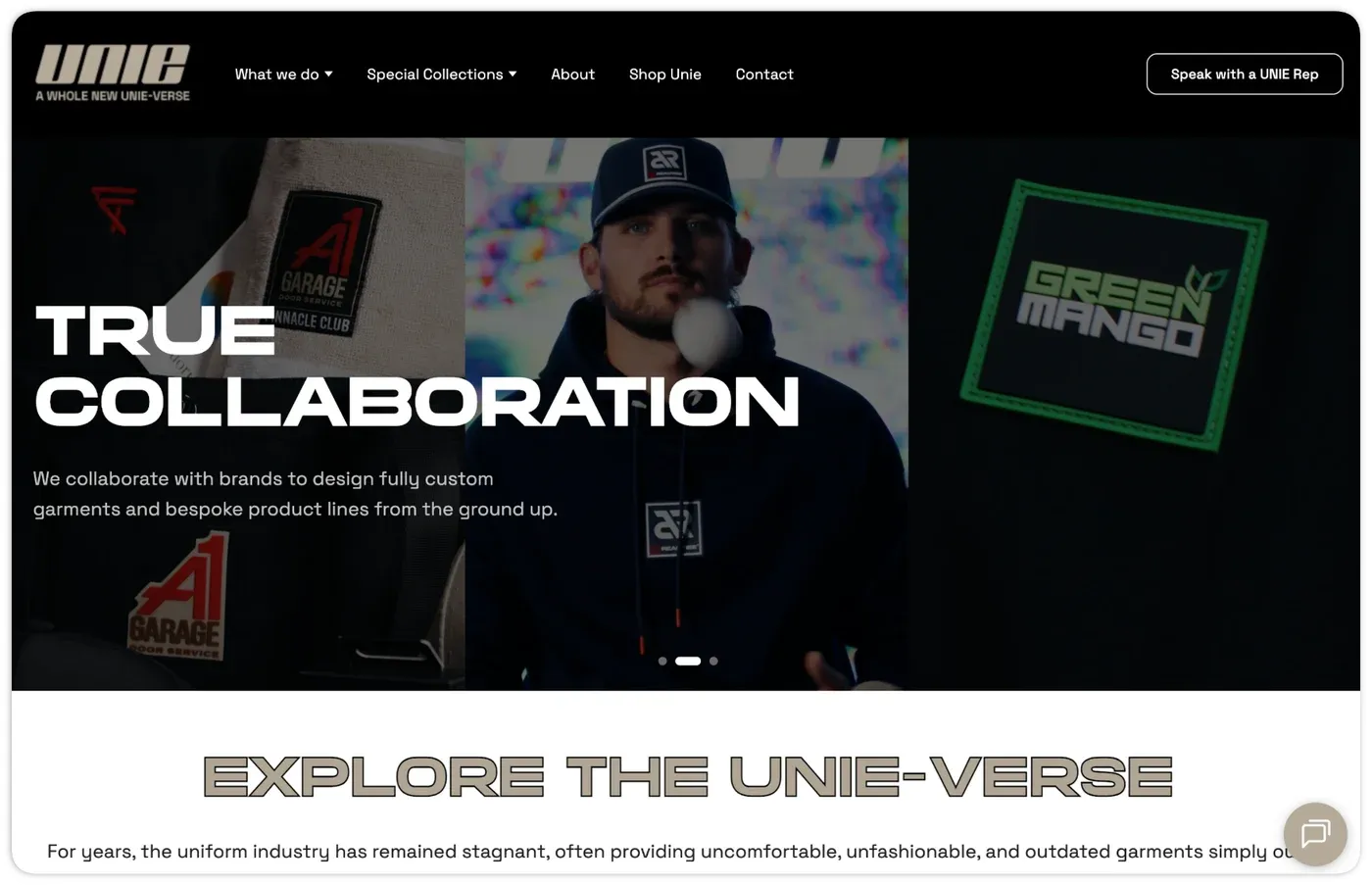Unie custom workwear site hero reading True Collaboration